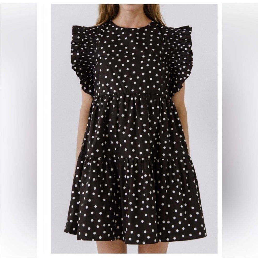 English Factory Black Dress with White Polka Dots Ruffle Sleeves Size Small New